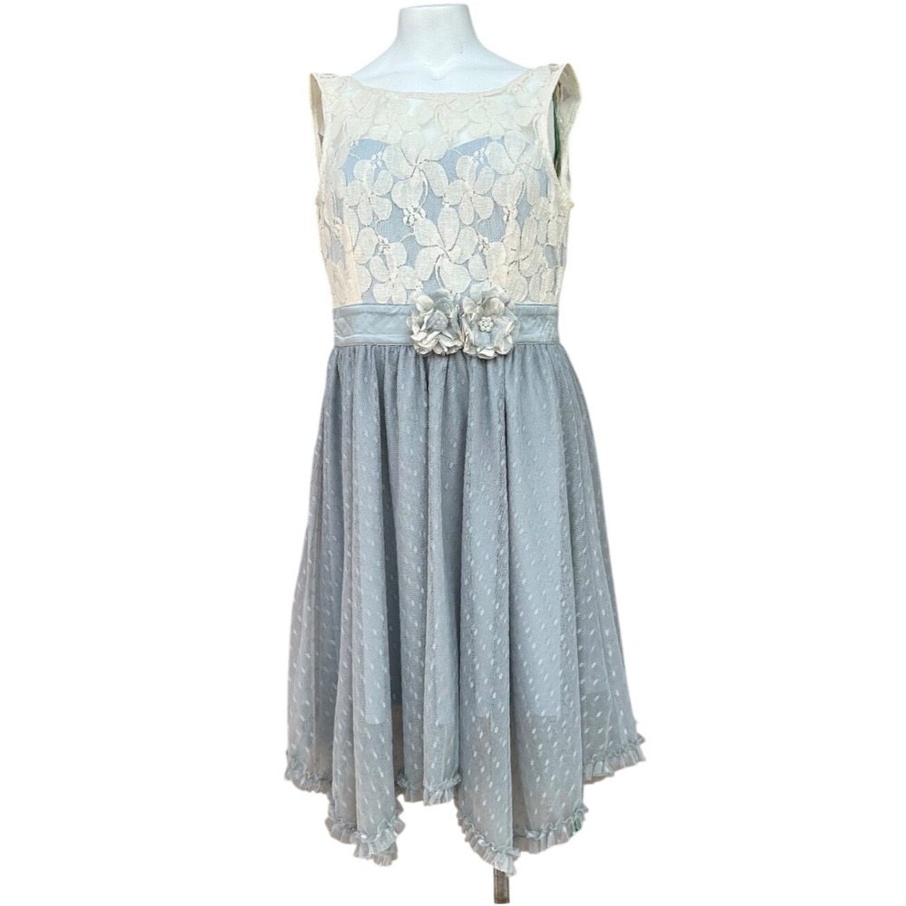 NWT Ryu Blue Ivory Swiss Dot Tulle Fit Flare Dress Women's Small Ruffle Hem Boho